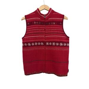 Woolrich 100% Wool Snowflake Print Zip Up Vest Womens Medium Red Winter Holiday